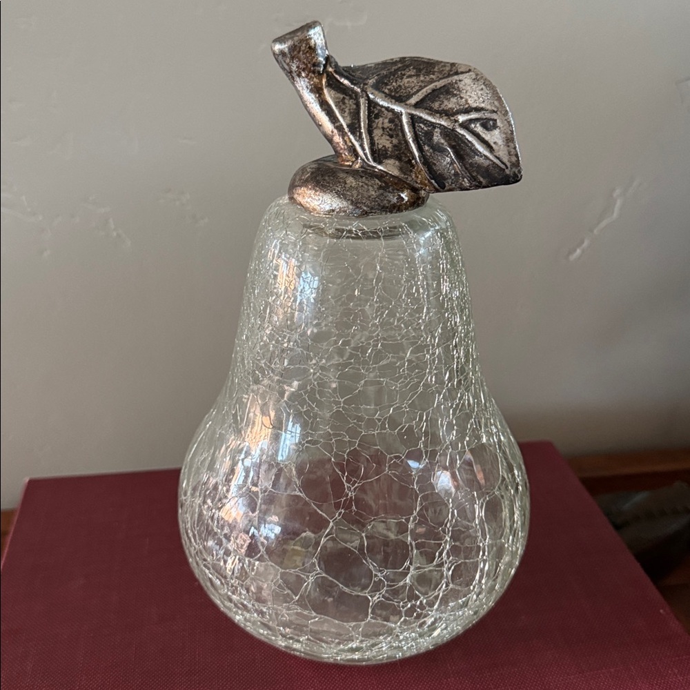 Vintage Large Clear Crackled Glass Pear with Silver Leaf Accent Cottagecore